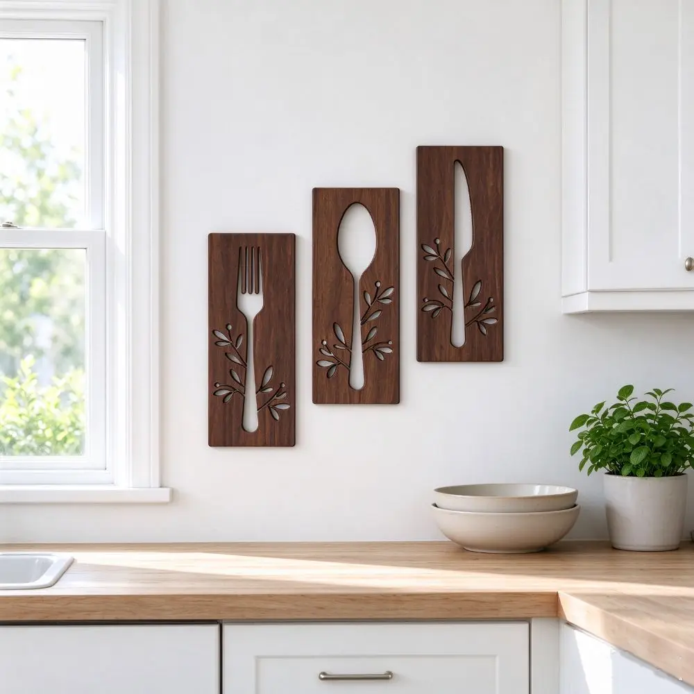 3pcs Fork Kitchen Utensil Wooden Ornament Spoon Decorative Wall Sticker Hangings Rustic Style Hollow Out