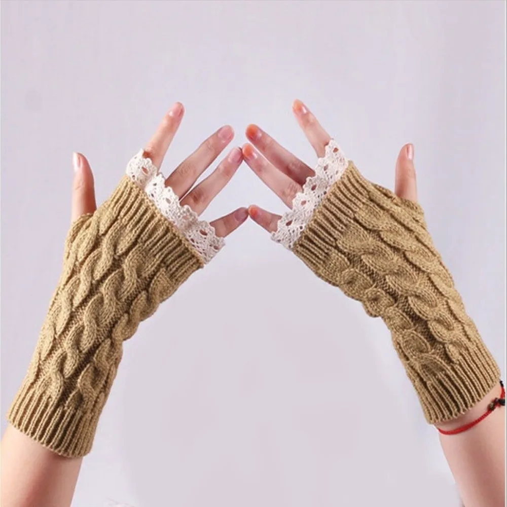 Fashion Lace Trim Fingerless Mittens Long Thicken Women Knitted Gloves Wrist Protection Warm Wrist Mittens Women Use