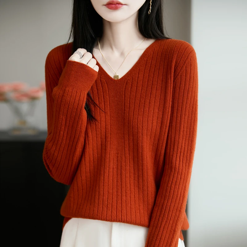 Women's Autumn New Arrival Merino Wool Sweater V‑Neck Ribbed Pullover Long Sleeve Solid Color Minimalist Slim‑Fit Knit Top