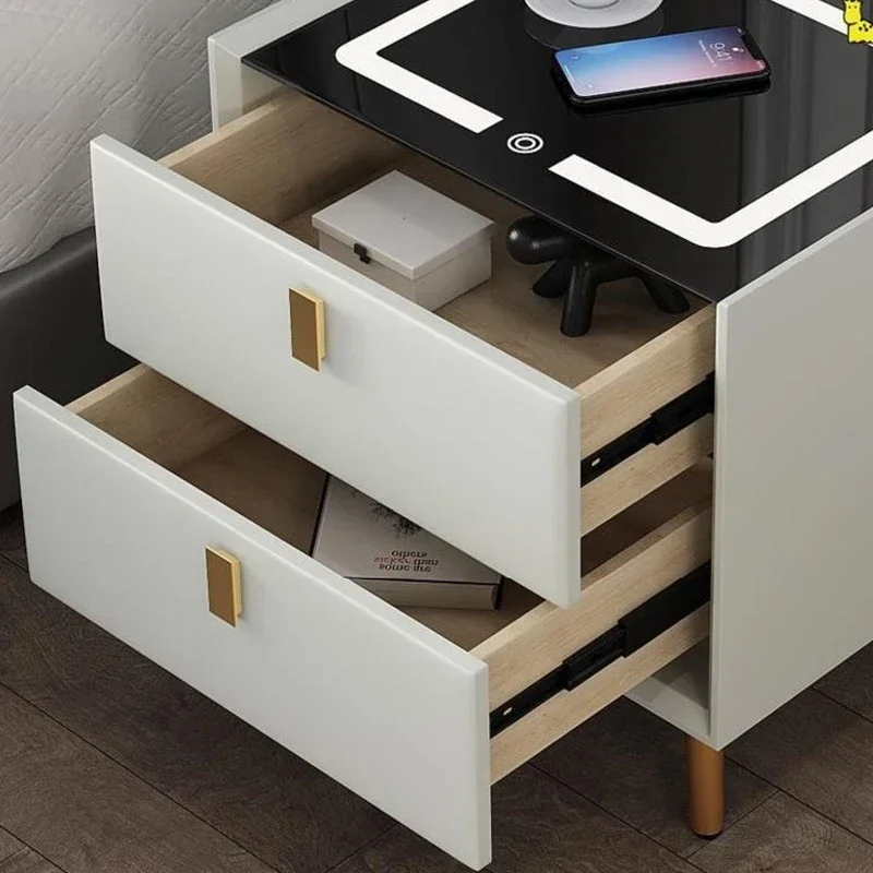 Charging With Table Cabinet Bedroom Smart Bedside Simple USB Wireless Lamp Solid Wood Leather Bedroom Furniture Bedside Table