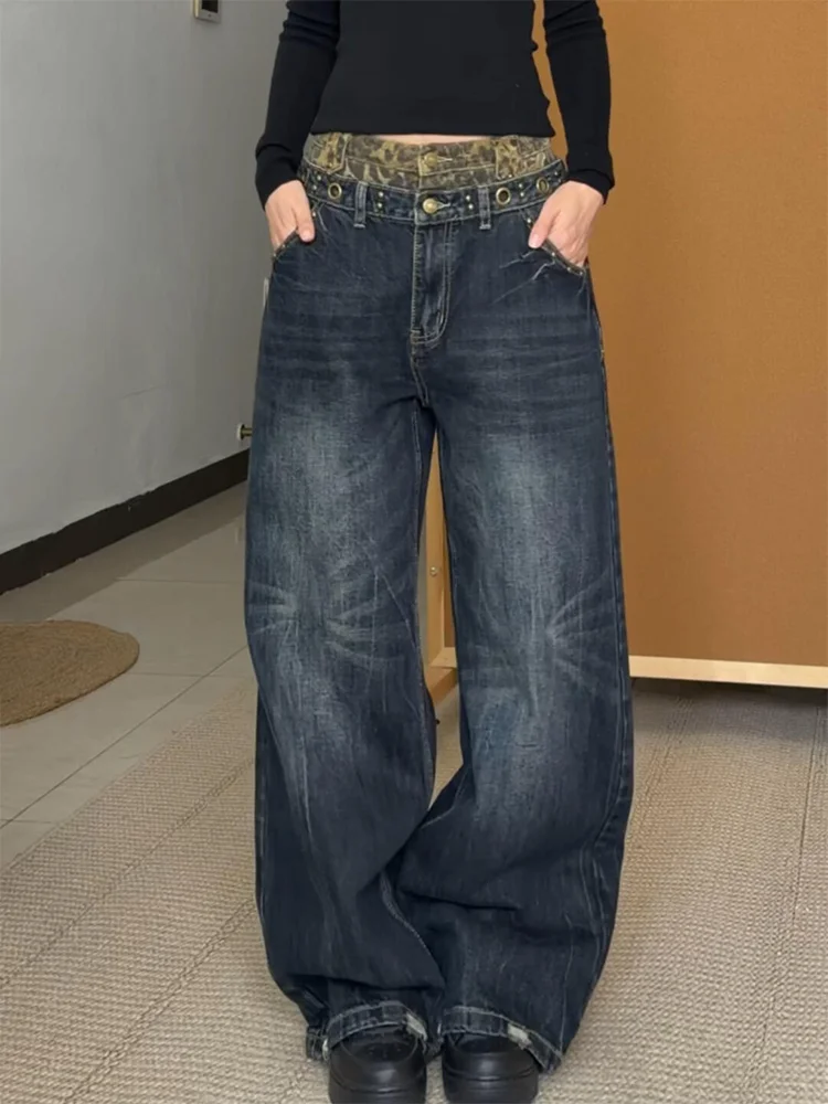 

Женские джинсы больших размеров с американским леопардовым принтом, дизайнерские, с двойным поясом, осенне-зимние, прямые, высокого качества