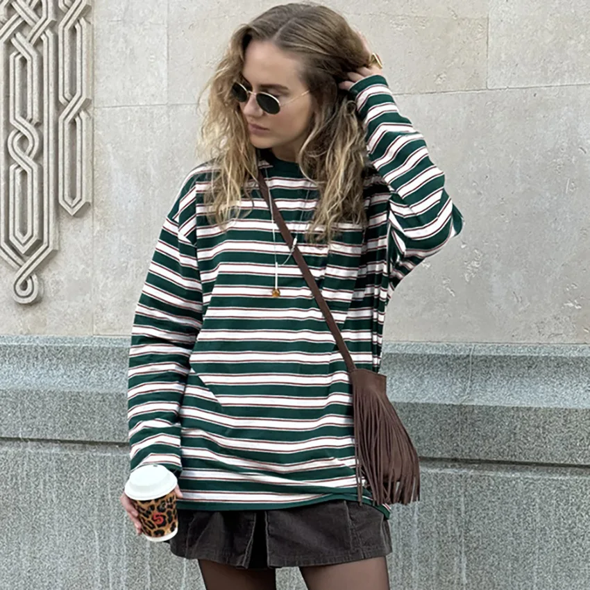 European and American Knitted Striped Base Long Sleeved Fashionable Women's T-shirt for  2025  New  Round Neck Top for Commuting