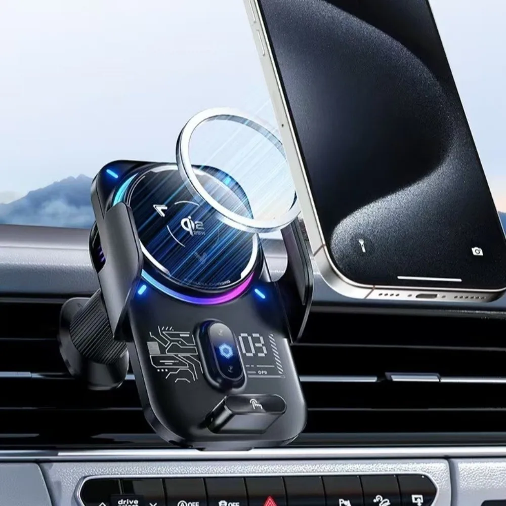 Magnetic Wireless Car Charger 15W/25W Automatic Cooling Car Phone Mount Charger RGB Ambient Light 2-in-1