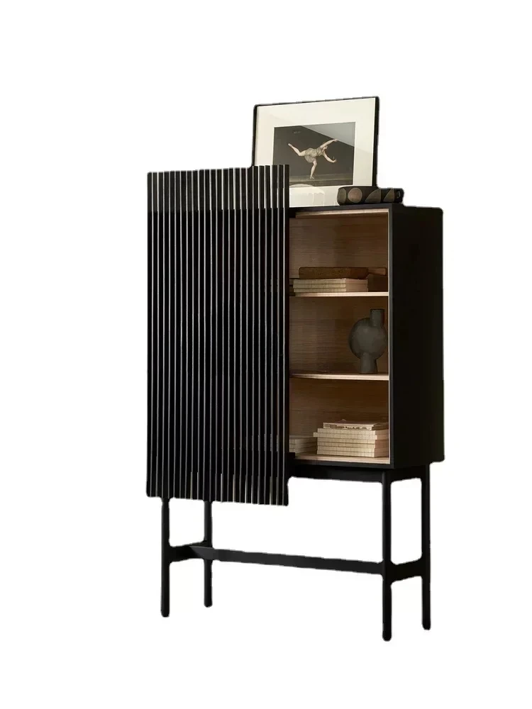 

American-Style Solid Wood Bookcase Simple Floor Bookshelf Living Room Black Sliding Door French Retro Wine Cabinet