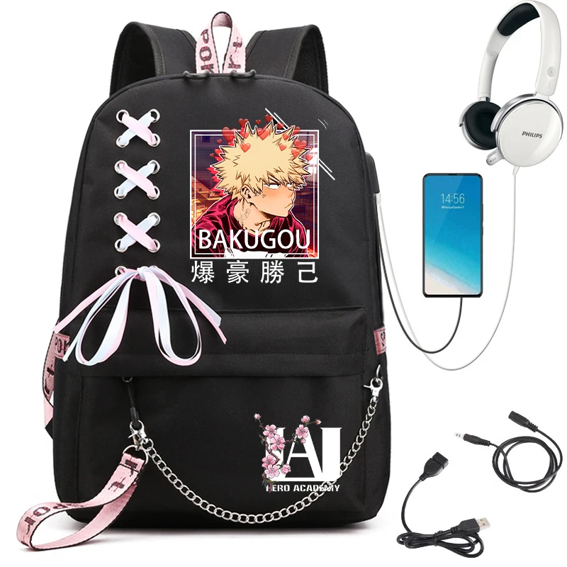 My Hero Academia Anime Women's Backpack Usb Port Ladies Travel Backpack Shoulder Bag Katsuki Bakugo Anime Trend Laptop Backpack