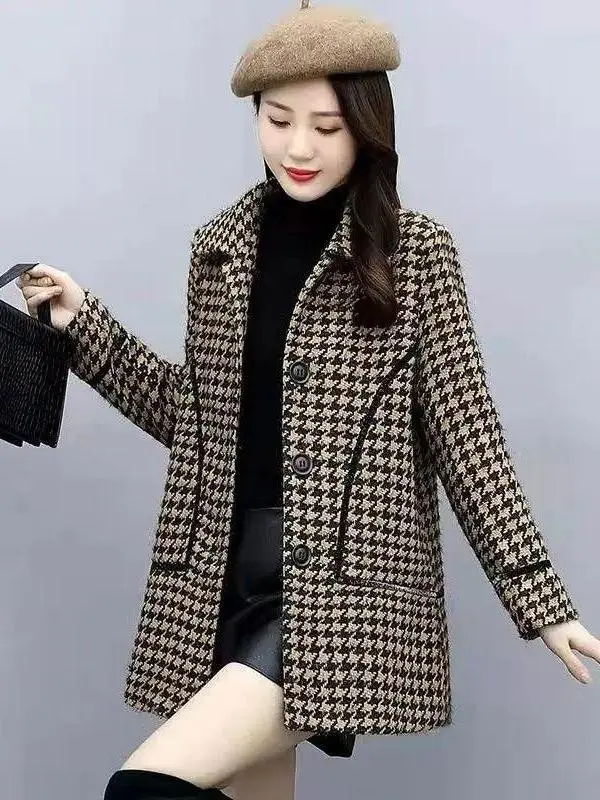 

Женское шерстяное пальто в клетку для похудения, весна-осень, новинка, стильное, средней длины, твидовое, в стиле французской моды