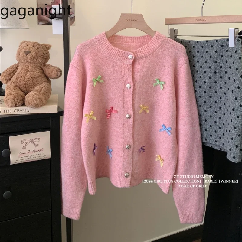 Gaganight Women O neck Dopamine Sweet Color Bow Cardigan Sweater 2024 Women's Autumn Winter New Gentle Small Unique Knitted Top