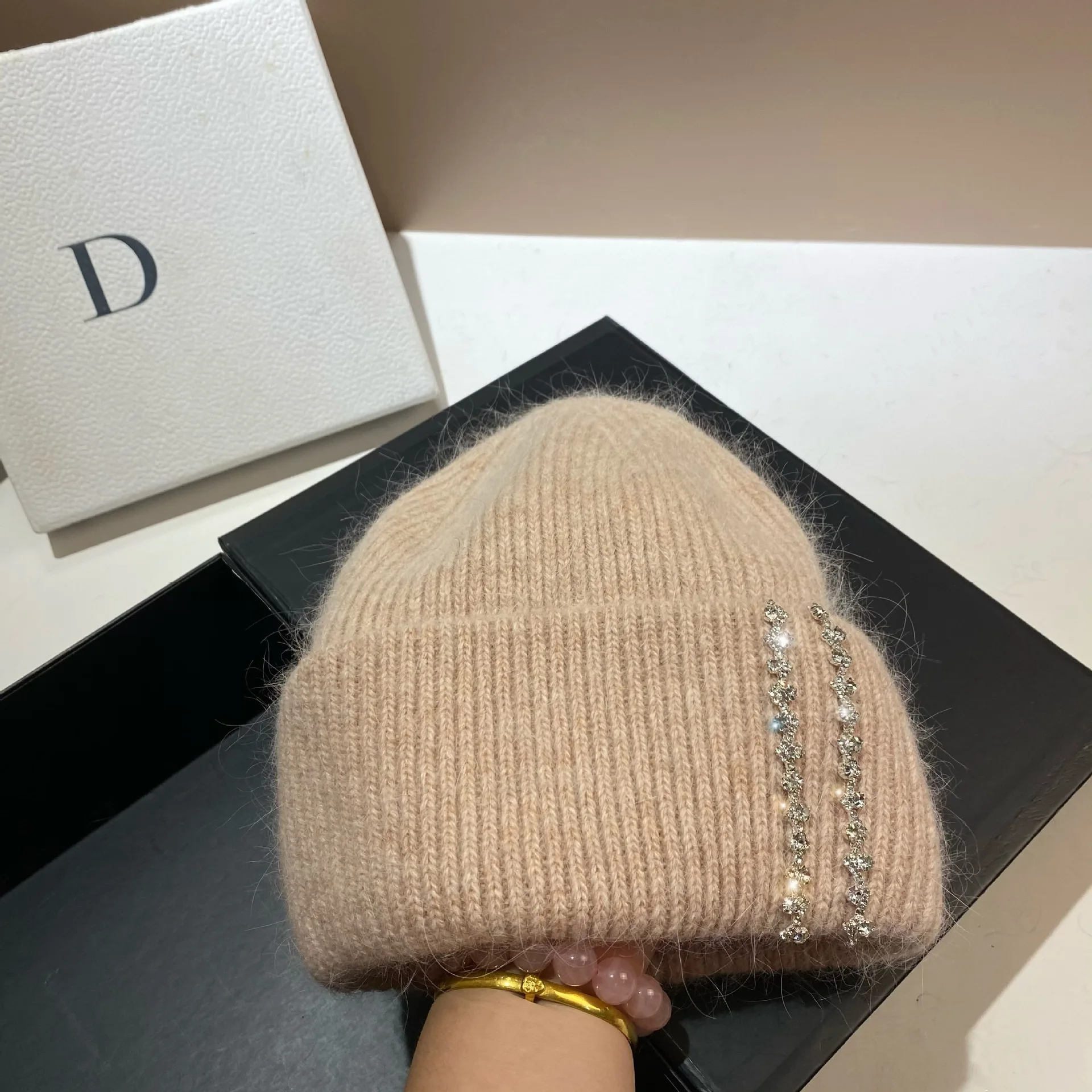 Lange Kaninchenhaar Doppelt gefaltete Strickmütze Modische Prominente Feng Shui Diamantmütze Winter Outdoor Warme Mütze – Detail 6