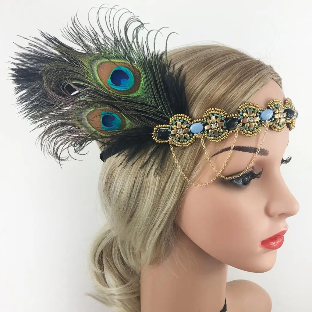 Women Feather Headband 20s Beaded Fascinator Headpiece Bridal Prom Headwear