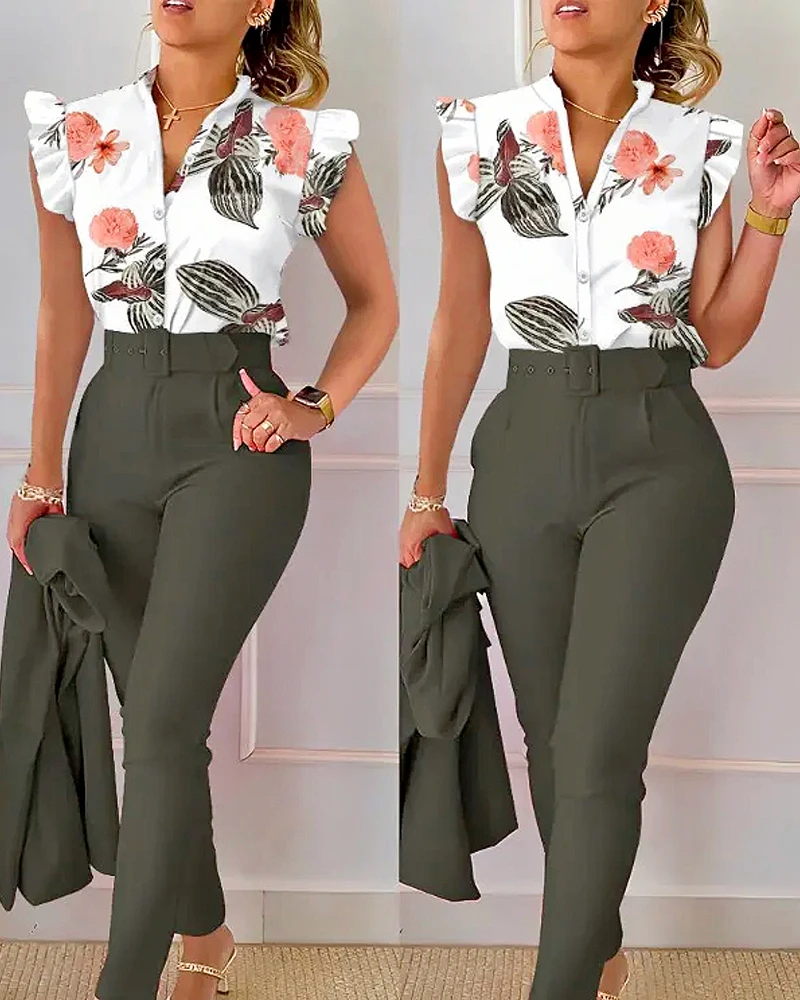 Summer Fashion Print 2 Piece Set Women Casual Button Flying Sleeve Shirt Pants Suits Female V-Neck Top High Waist Pants Outifits