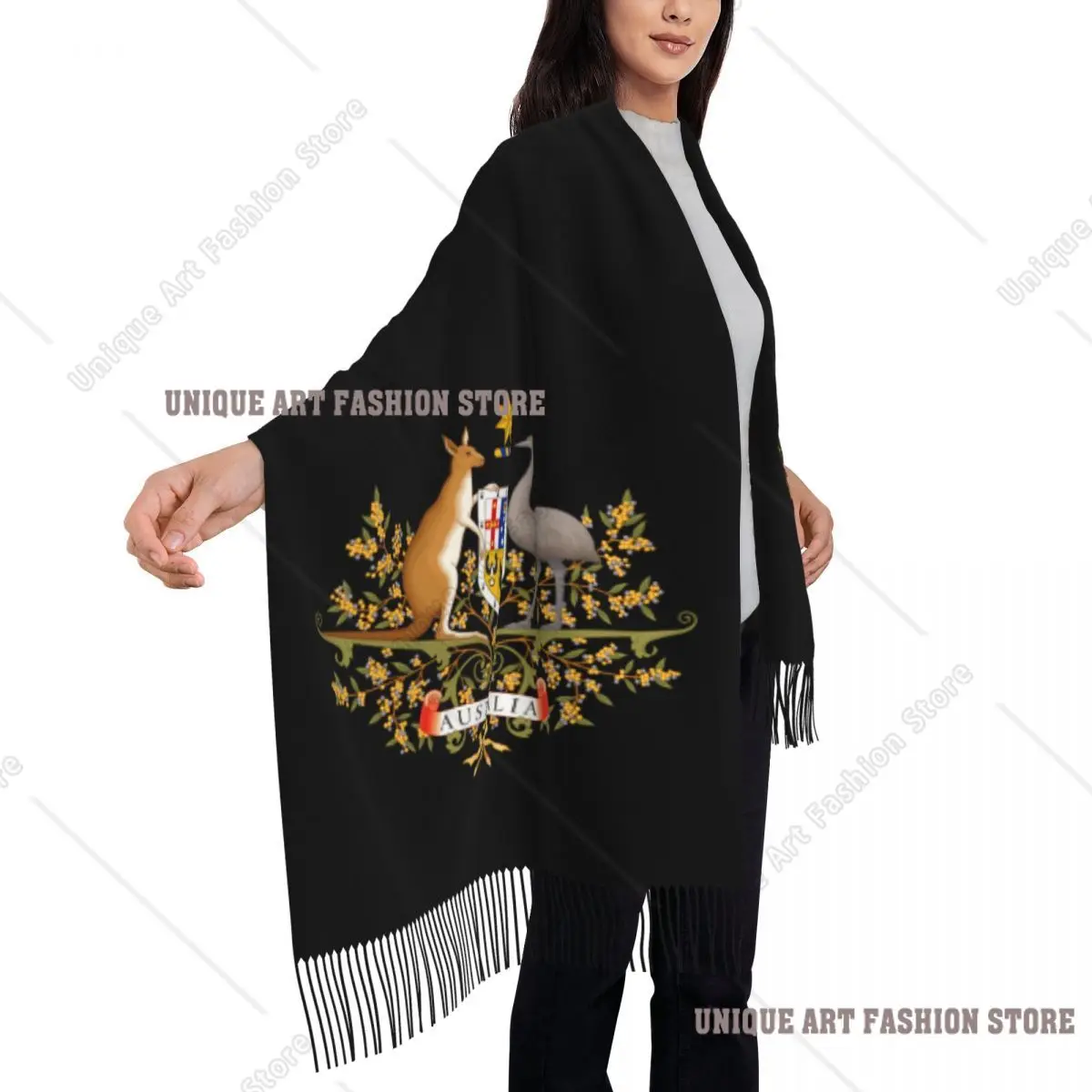 オーストラリアの国旗の紋章入りカスタムタッセルスカーフ、女性用ソフトショール、レディースウィンタースカーフ