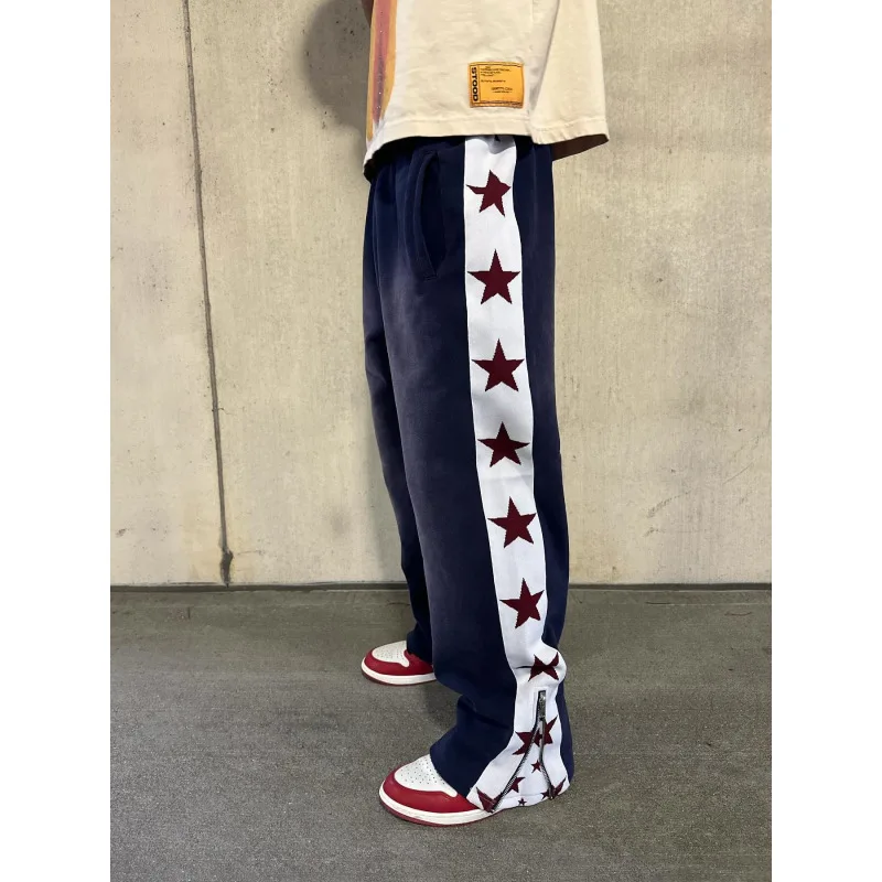 

Trendy Red Star Striped Sweatpants Navy Loose Casual Comfortable Drawstring Waist Joggers with Side Zippers Men Women Streetwear