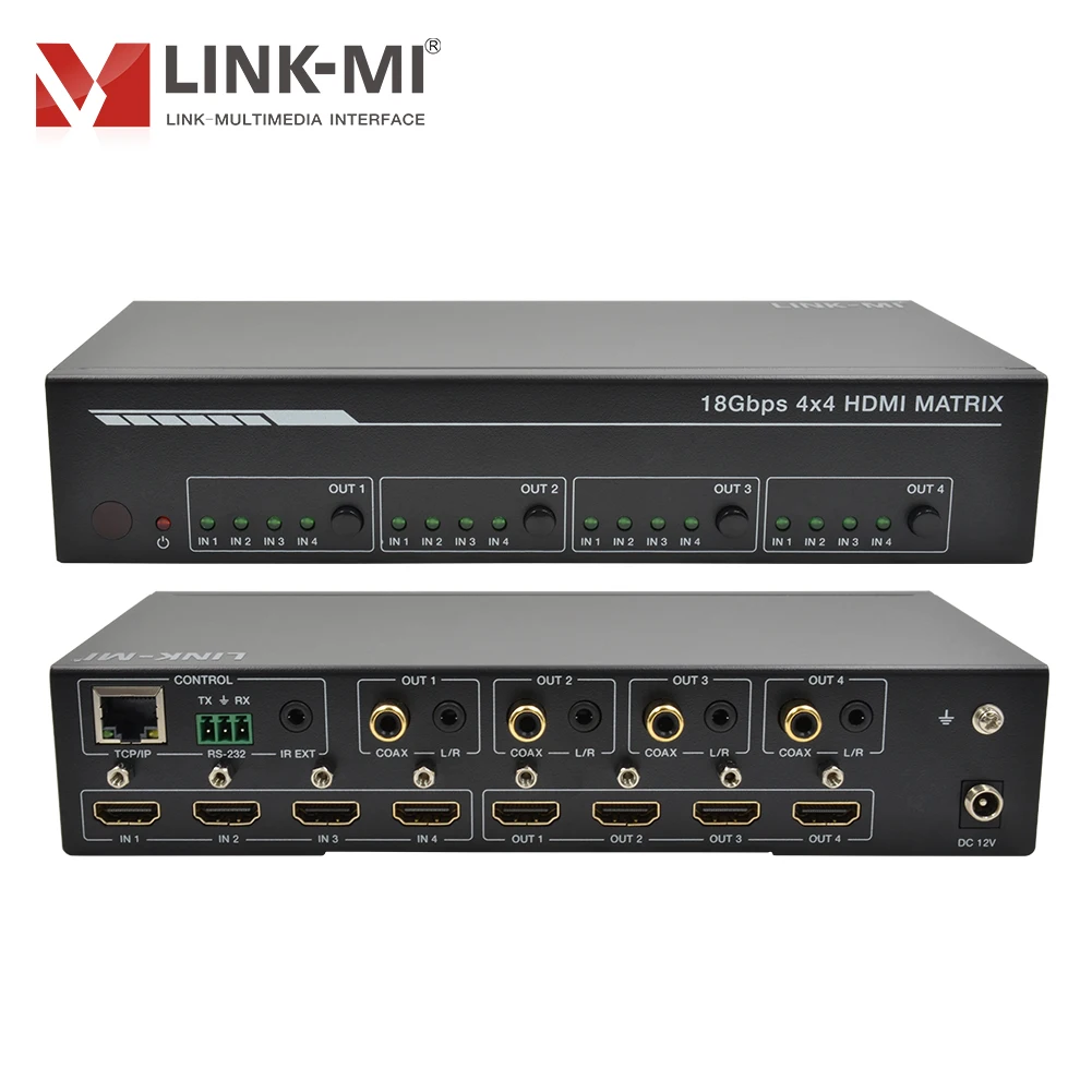 

Матричный коммутатор LINK-MI 4x4 HDMI2.0 с аналоговым L/R и коаксиальным аудио 4K60 Гц YUV 4:4 18 Гбит/с ARC EDID HDR ИК-пультом WEB-GUI