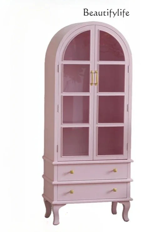 French Pink Bookcase Bedroom Storage Japanese Solid Wood Arched Glass Door Bookshelf Living Room Vintage Display Cabinet