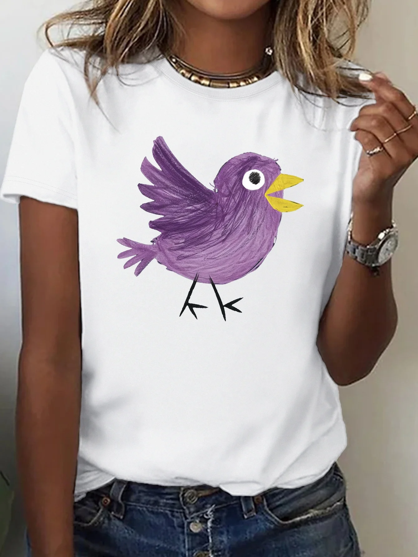 Damen-T-Shirt mit albern und niedlichem Vogelmuster-Aufdruck, Sommer-Kurzarm-Rundhals-Top, T-Shirt für Damen, modische Kleidung