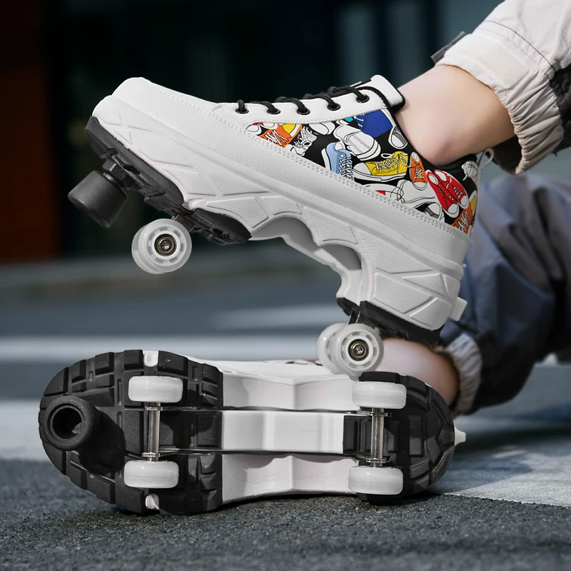 Double row roller skates Casual Sneakers Deform Roller Skate Shoes Four Wheel Skates for Child Deformation Wheel Parkour Shoes