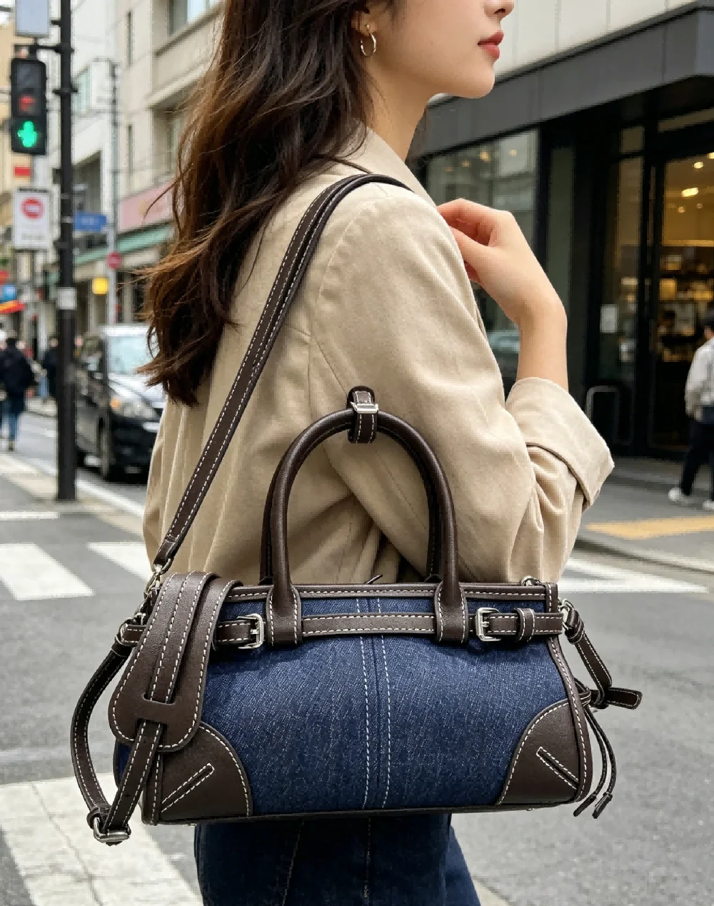 

Retro Blue and Brown Denim Style Leather Handbag for Women Fashion Boston Bag with Adjustable Strap for Casual Wear