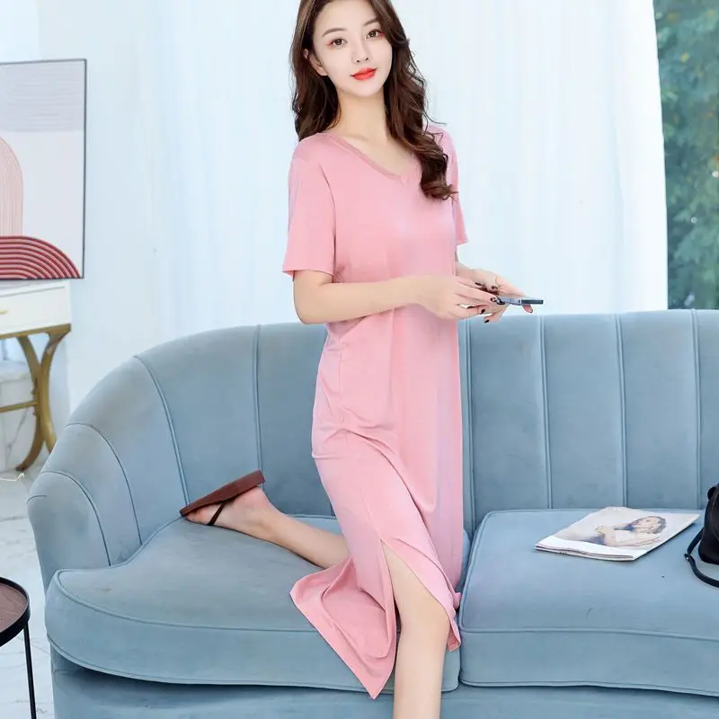 Nightdress Female Modal Short Sleeve Long Dress Thin Summer Ice Silk Large Size Pregnant Woman Dresses Comfort Soft Solid Color