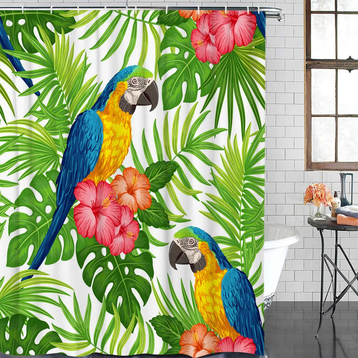 Parrot Flowers Green Tropical Plant Leaves Waterproof Shower Curtain With Hook Bath Curtains Bathroom Decoration Accessories