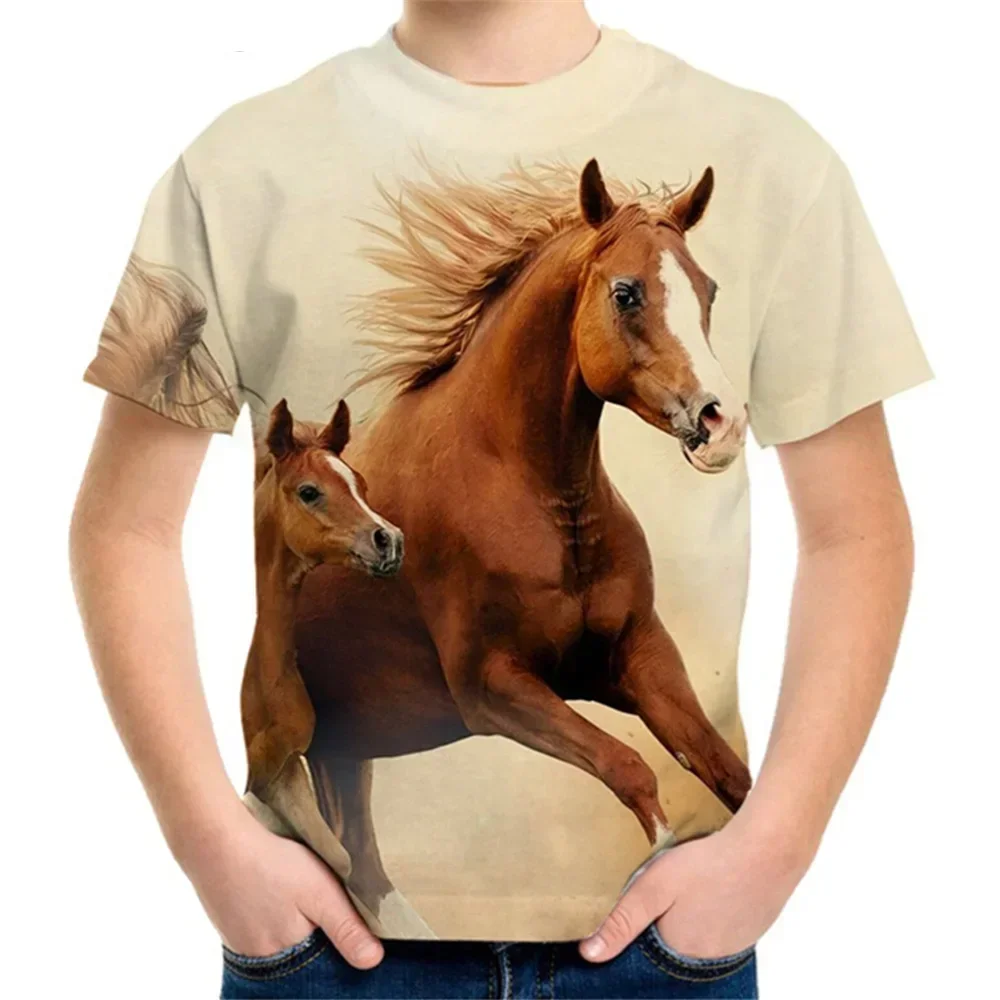 

2024 Kids Clothes Children's Clothing Horse Print T-Shirt For A Boy Casual Baby Short Sleeves Tees Tops Children Summer Clothes