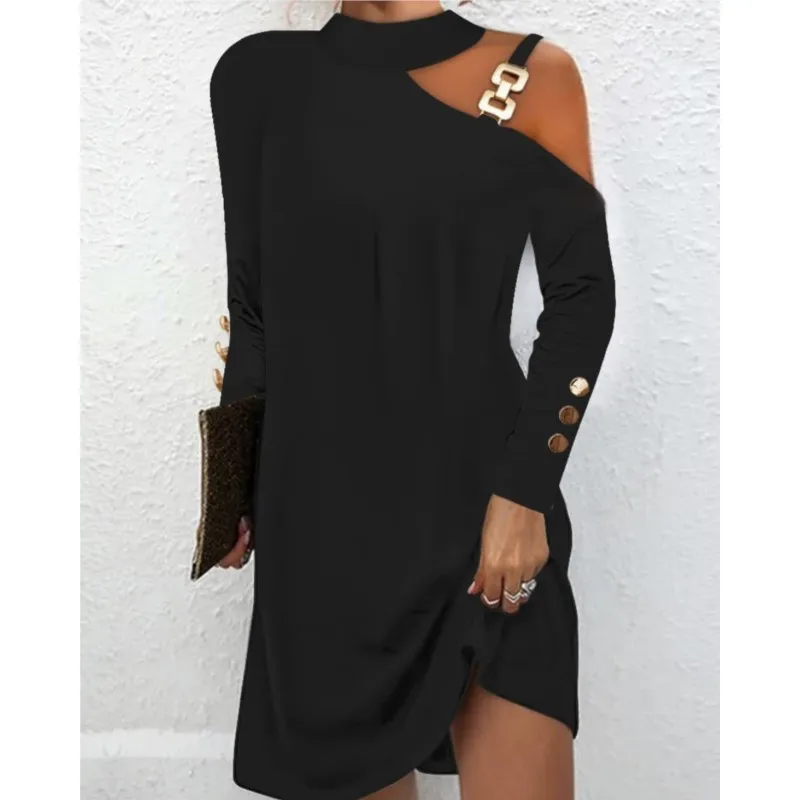 Fashion Women's Short Dress Autumn Solid Color Pullover Metal Buckle Hanging Neck Button Elegant A-line Mini Dress Ladies Dress