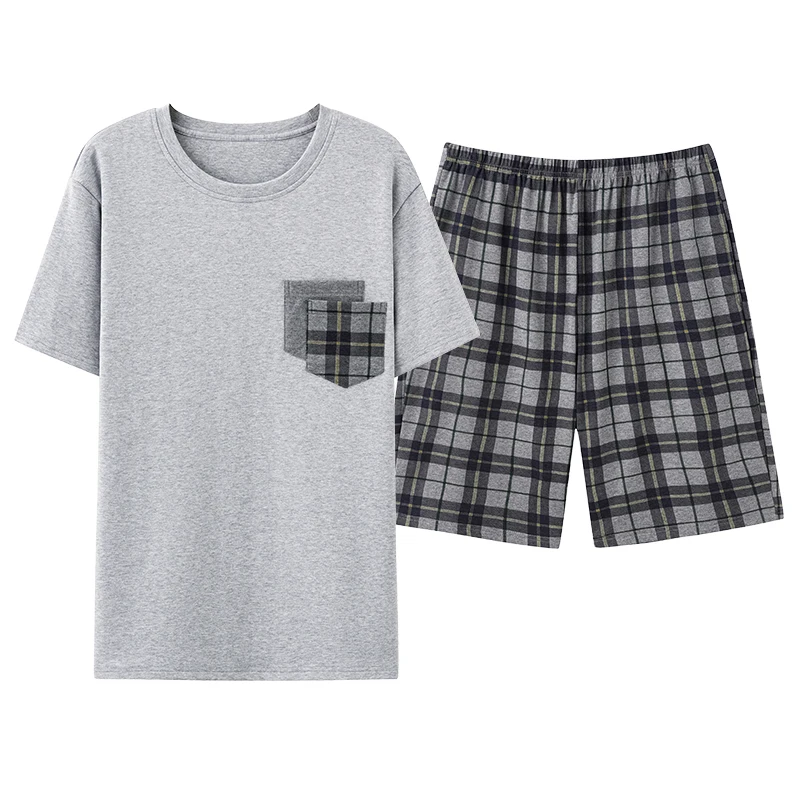 

Men Pajamas Short Sleeve Shorts Cotton Plaid O-neck Sleepwear Men Summer Home Clothes Big Yards L-4XL Young Male Homewear Set
