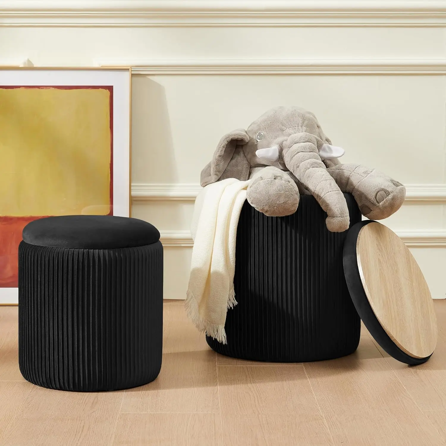 Black Ottoman with Storage Set of 2 Multifunctional Upholstered Velvet Makeup Vanity Stool Chair Support 300lbs Modern Ottoman C