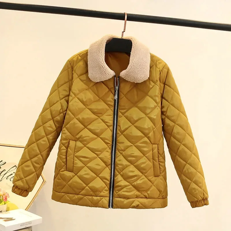 

Autumn Winter Women's Down Cotton Jacket Female Short Coat 2023 New Lmitation Lamb Fur Lapel Thin Light Cotton Padded Jacket 5XL