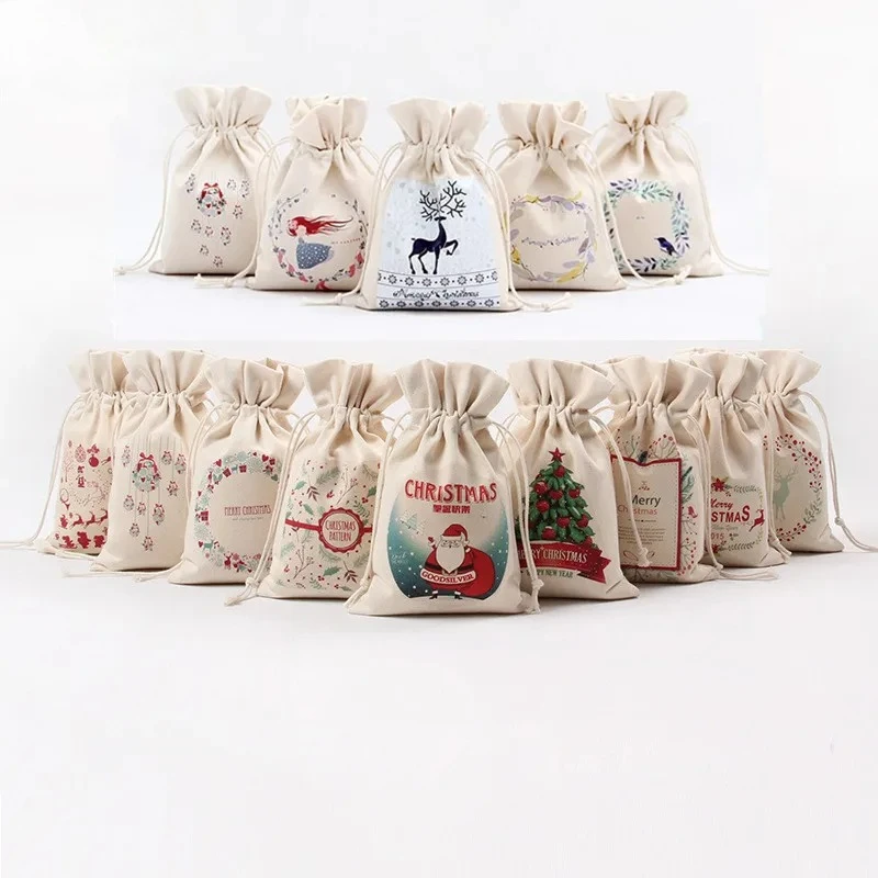 Unisex Canvas Drawstring Bag New Year Christmas Candy Bag  Santa  Claus Cosmetic Toiletry Organizer Pocket