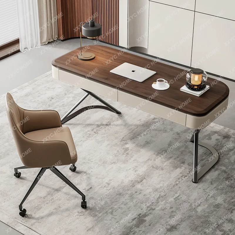 LMinimalist high-grade solid wood desk modern minimalist home living room study desk with walnut veneer medieval office table
