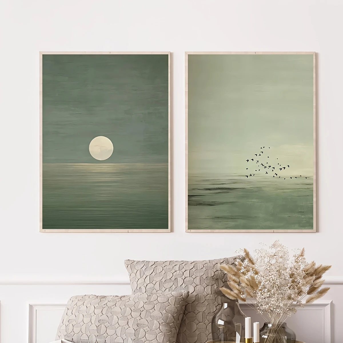 2pcs/set Japanese Sage Green Abstract Canvas Prints Poster Modern Minimalism Moon Art Prints Bedroom Wall Art Home Decor Poster