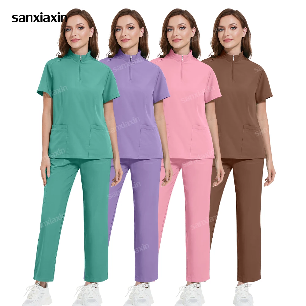 Hoge Hals Ritszakken Scrub Top Rechte Broek Set Schoonheidssalon Apotheek Werkkleding Arts Verpleegkundige Uniformen Verpleegkundige Chirurgische