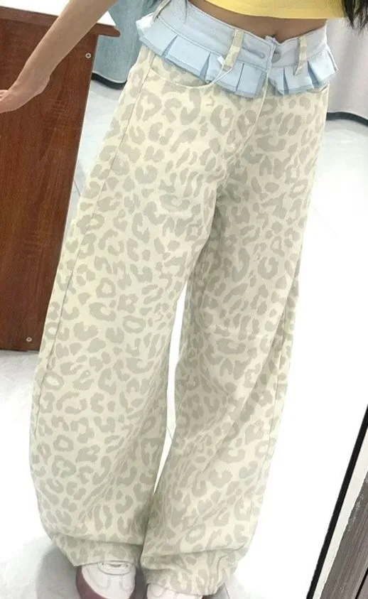 와이드 레그 팬츠 여성용 봄 러플 쉬폰 플리츠 힙스터 경량 시크 미학 통기성 레저 레트로