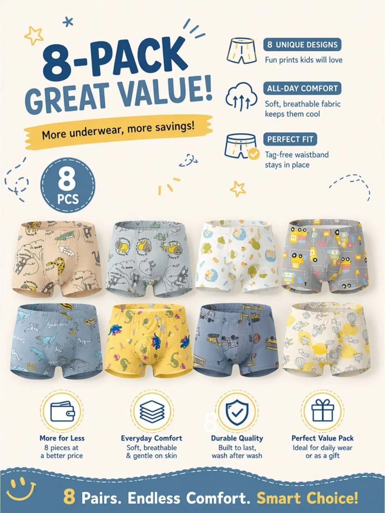 Kids Boys Underwears 8 Pack, 95% Cotton Ultra Soft Boxer Briefs With Non-Roll Waistband, Fun Cartoon Animal Vehicle Print Underpants For School/Daily Play