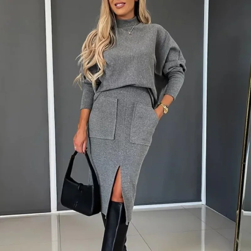 Chic Commute Office Outfits Lady Solid Turtleneck Top And Slim Slit Pocket Suits Elegant Women Knitted Skirt Two Piece Set