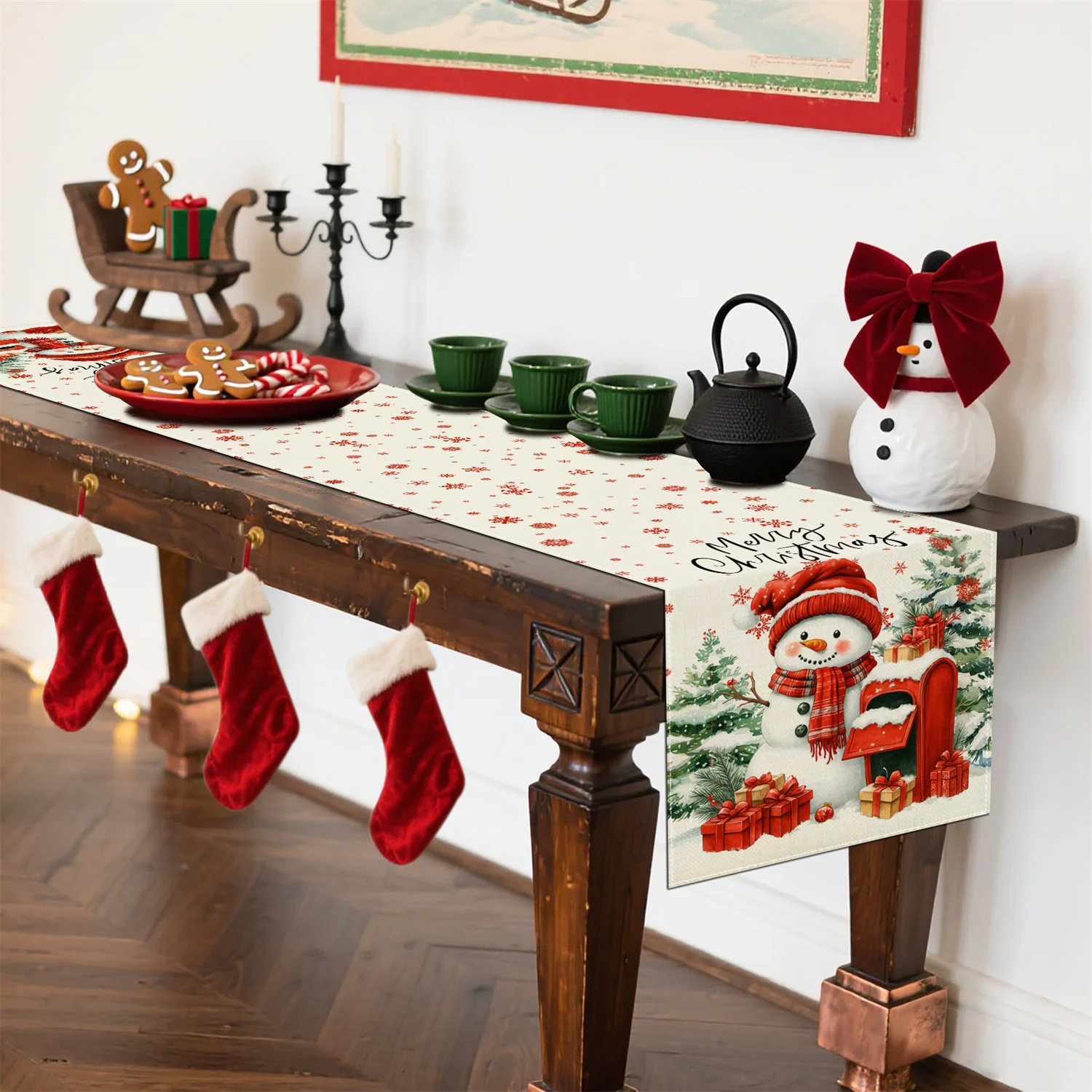 مفرش طاولة عيد الميلاد - مطبوع مسطح، يتميز ندفة الثلج، رجل الثلج، شجرة الثلج والصنوبر، مثالي لهدايا عيد الميلاد المجيد #5