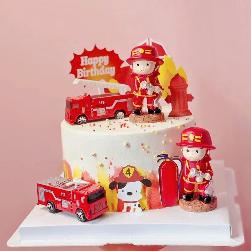 Fireman Birthday Cake Topper Fire Truck Firefighter Cake Pick for Boy 1st One Year Birthday Party Fire Hero Themed Cake Decor