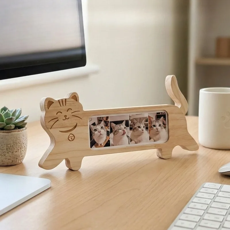 2027 Lying Cat Pet Photo Frame Multi-Grid Wooden Picture Frame Desktop Decorative Photo Storage Display