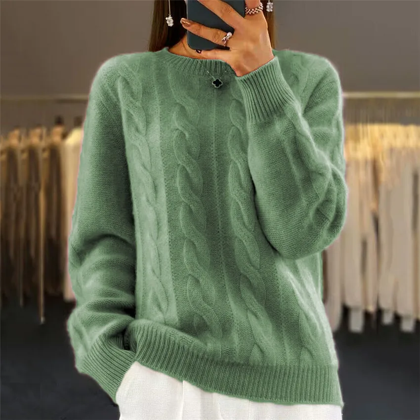 Autumn Winter New Pure Wool Sweater Women\'s All-match O-Neck Solid Color Twisted Pullover Sweater Cashmere Knitted Base Top Lady