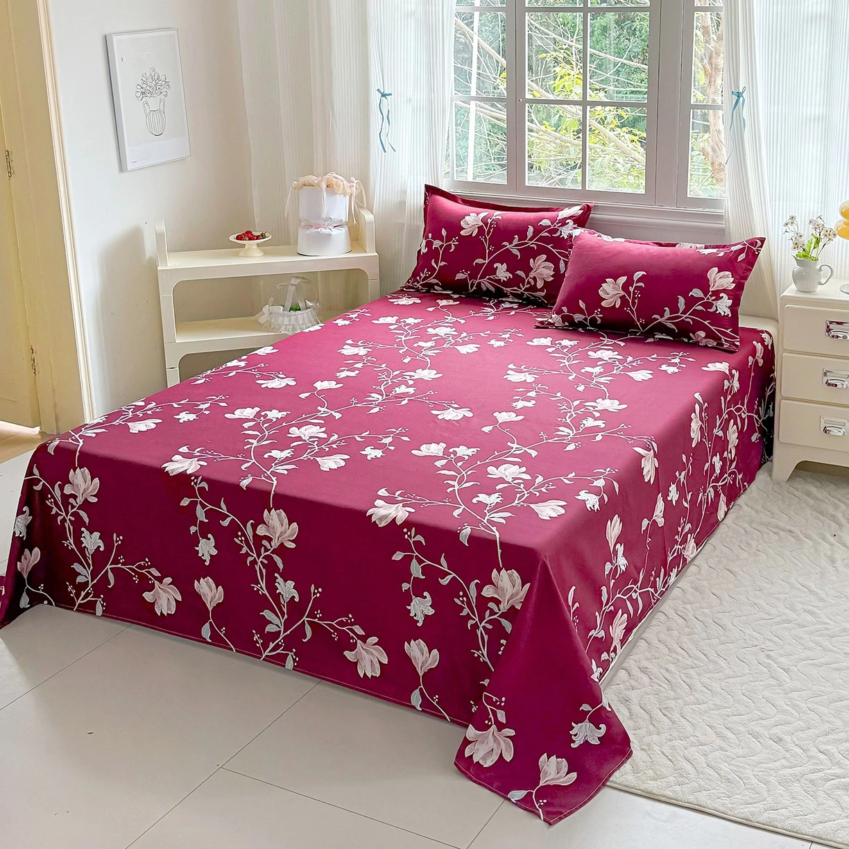 European Style Floral Bed Covers, Washable Bedsheets Full Set, 100% Polyester Double Bed Set For Guest Room Without Comforter