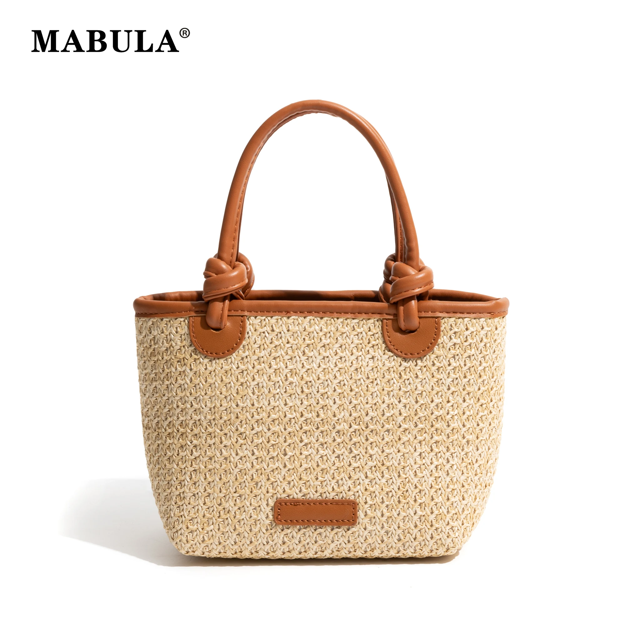 

MABULA Ladies Small Beach Tote Bag Casual Weave Straw Summer Travel Handbag with Unique Handle Rattan Crossbody Satchel Purse