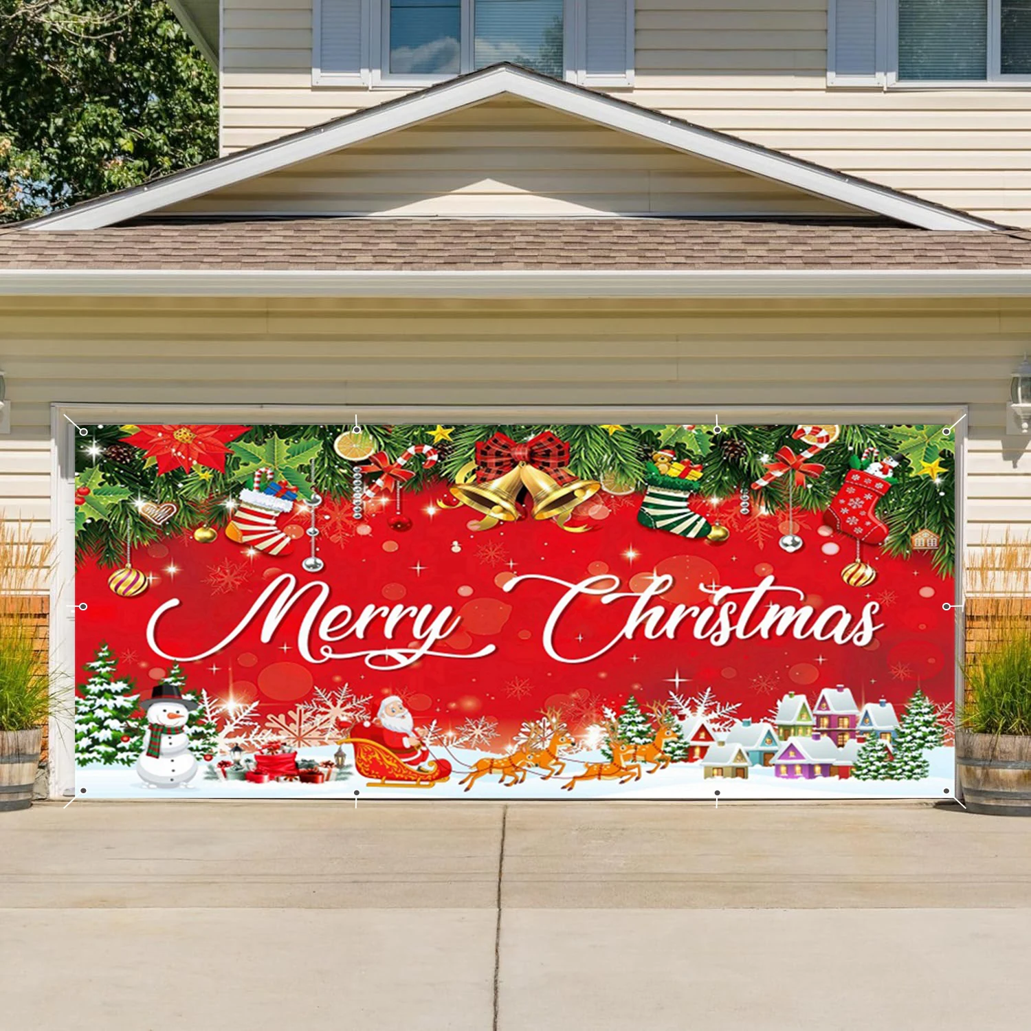 Red Merry Christmas Garage Wall Background Winter Snow Small Houses Snowman Santa Claus Xmas Wreath Garage Door Frame With Hooks