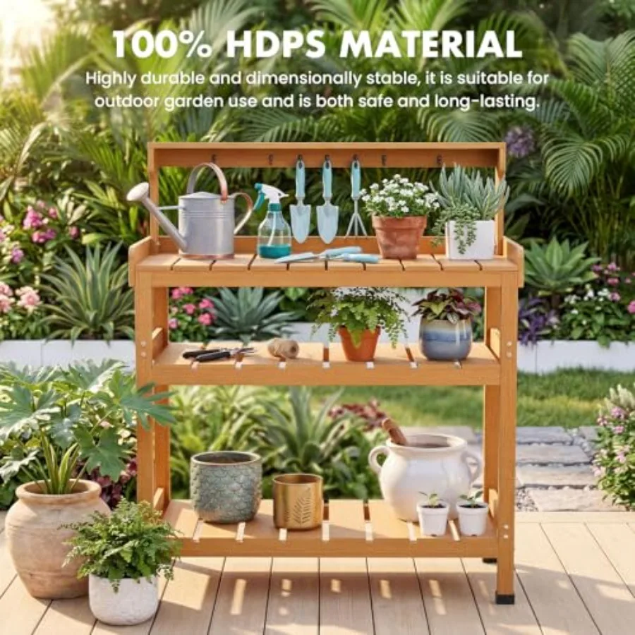 Outdoor Garden Potting Bench For Women And Men, Teak Hdpe Waterproof Workstation With 9 Hooks And 4-Tier Rack, Extra-Large 35.6