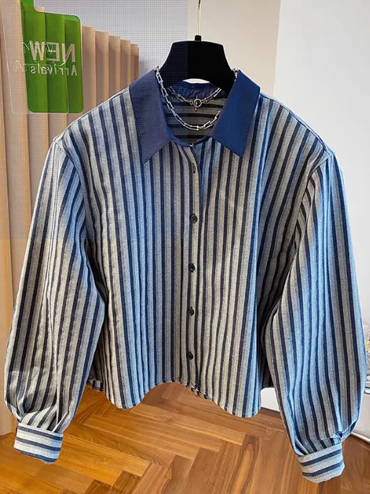 

Color Blocking Striped Shirt Fashion Turn Down Collar Long Sleeve Short Blouse Spring Women Loose Casual Tops