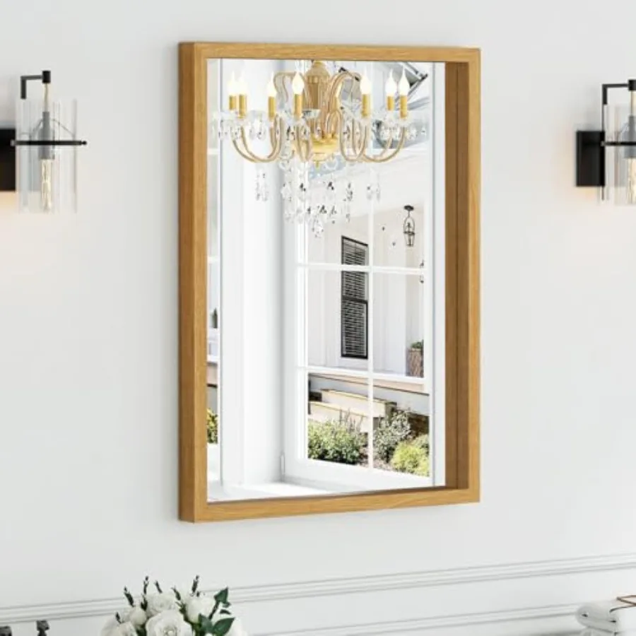 Syndra Wood Frame Bathroom Mirror 22x30'' Modern Vanity Mirror for Wall Waterproof Slim Deep Frame Rectangular HD Tempered Glas