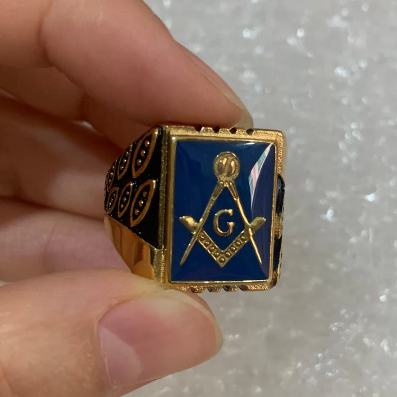 Men\'s Freemason Freemasonry Blue Enamel Gold Color Stainless Steel Masonic Ring for Men Jewelry