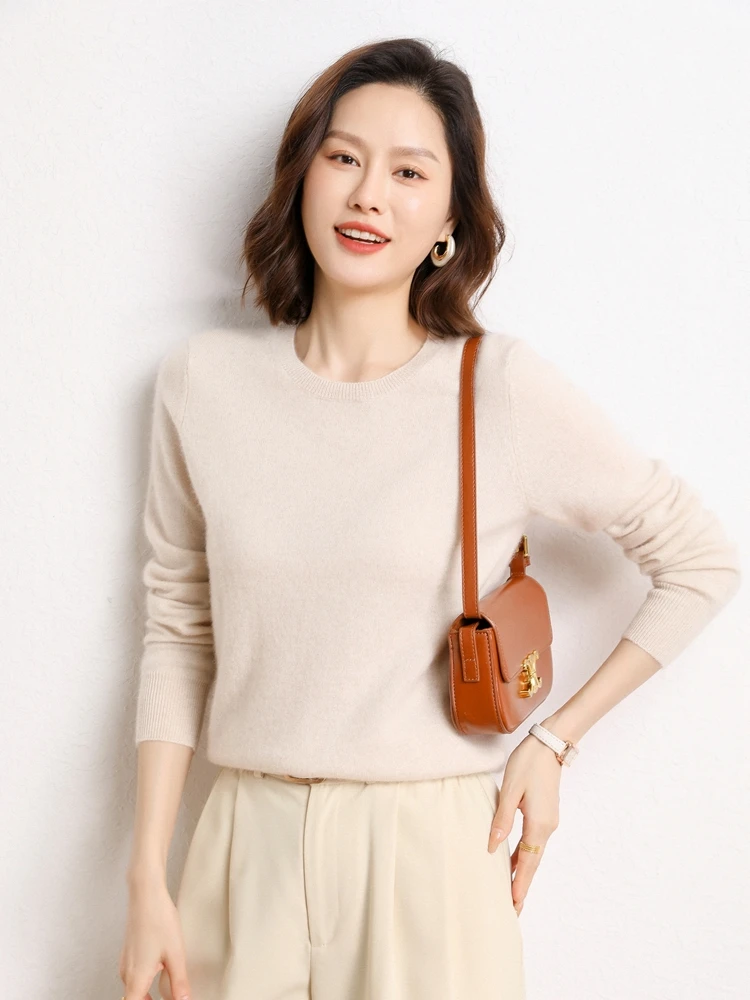 

New Fashion Autumn Winter 100% Cashmere Knitted Scoop Neckline Elegant Style Women's Pullover Sweater Casual Basic Soft Tops