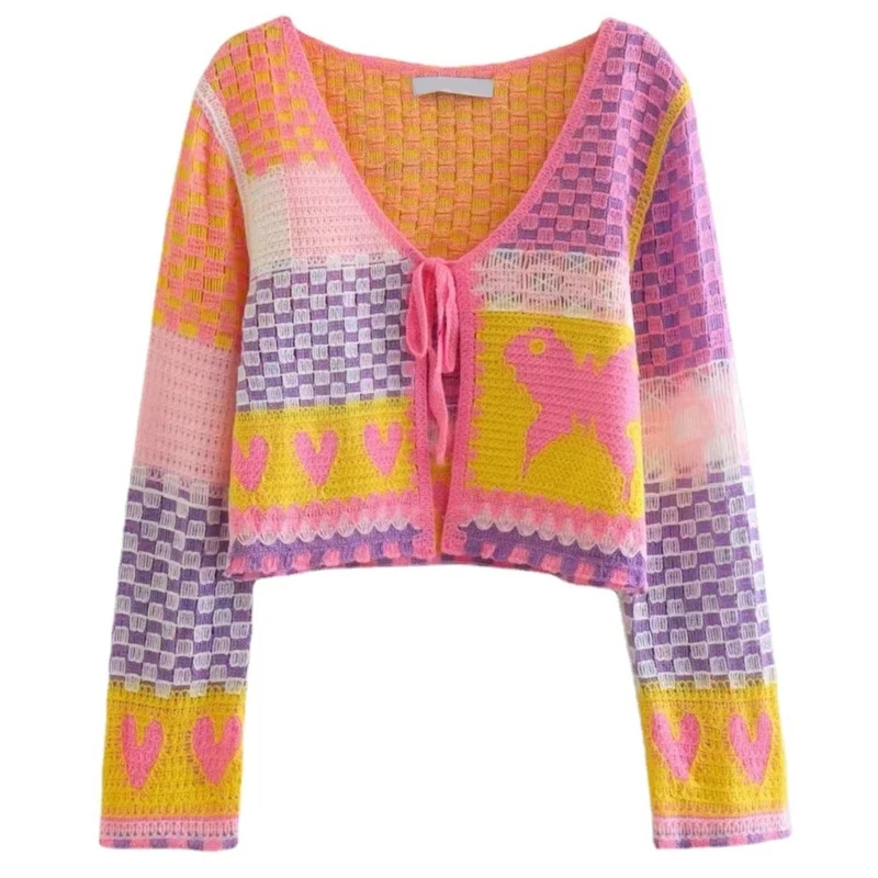 Cardigan con lacci sul davanti aperto a maniche lunghe da donna autunno Colorblock Plaid Heart Hollow Crochet Knit camicie larghe Crop Top