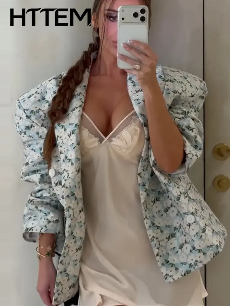 Elegant Women's Floral Print Blazer Coat Loose Lapel Double‑Breasted Shoulder‑Padded Long Sleeve Jacket 2026 Autumn Office Coats