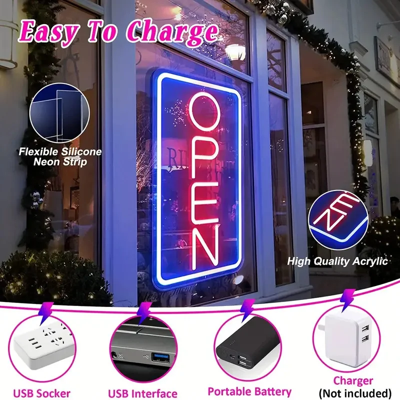 Bright LED Neon OPEN Sign para Negócios, Alimentado por USB, Salão, Loja, Café, Bar, Decoração Frontal e Parede, Fácil de Instalar